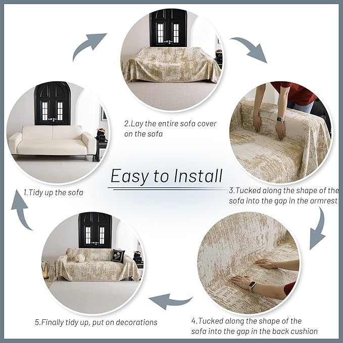 MYSKY HOME Sectional Couch Cover Khaki Geometric Abstract Sofa Covers for Sectional Sofa L Shape Chenille Couch Protector for Dogs Pets Couch Throw Cover Washable Durable for Home Decor, 91" X134"