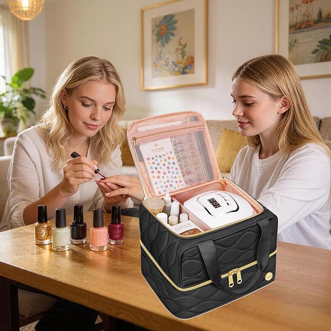 YOREPEK Nail Polish Organizer Holds 42+ Bottles (15ml/0.5 fl.oz), 2-Layer Nail Travel Case with Compartments for Nail Stuff, Nail Tech Organizers and Storage for Supplies, Gift for Manicurist, Black
