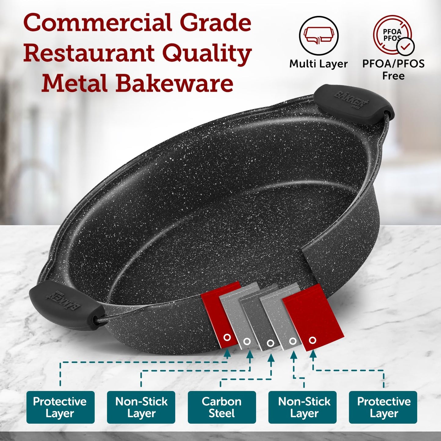 BAKKENMaster 6-Piece Nonstick Gray Marble Coated Bakeware Set - Professional Quality Carbon Steel Pans with Silicone Handles - Ideal for Oven, Refrigerator, Freezer - Dishwasher Safe
