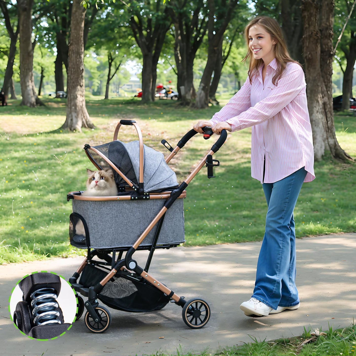 LENSEMUS Dog Stroller for Max 45 lbs Dogs - 3 in 1 Pet Stroller with Detachable Storage Basket 4 All-Terrain Rubber Wheels Pull Rod Durable Travel Carrier for Medium Dogs 2 Small Cats (Grey)