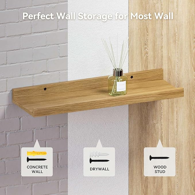 Boswillon 35.3 Inches Long Floating Shelves, 2 Set Rustic Wall Shelf for Bedroom, Nursery Book Shelf with Lip, Picture Ledge Shelf for Wall Decor Living Room Bathroom Kitchen - Oak