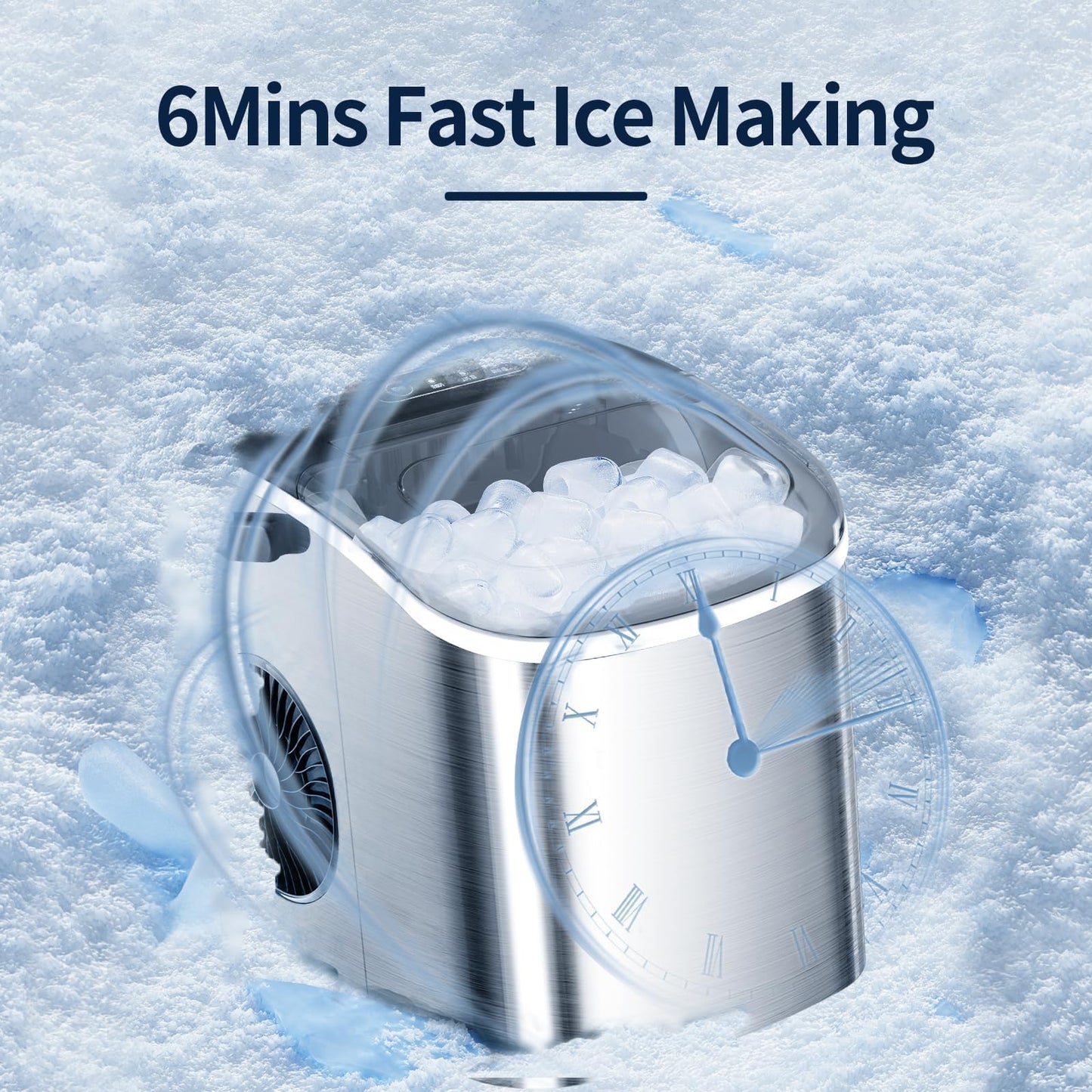 ZAFRO Ice Maker Countertop, Portable Stainless Steel Ice Machine with Self-Cleaning,26.5lbs/24H,9 Bullet Ice Cubes in 6 Mins,Ice Basket and Scoop,Ideal for Home,Kitchen,Party, Stainless Steel Silver