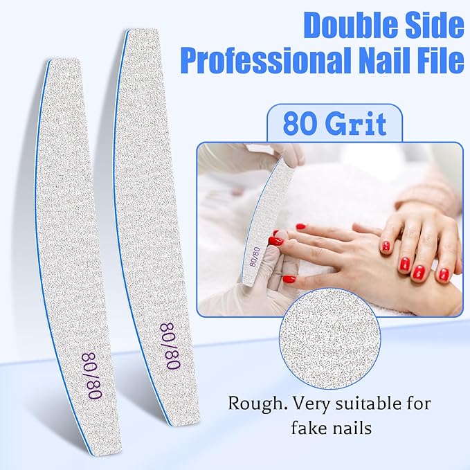 12 PCS Nail Files for Acrylic Nails, 80/80 Grit Nail File for Poly Nail Extension Gel Emery Boards Nail Files Doubled Sides Coarse Washable Nail File Manicure Tools for Home and Salon Use