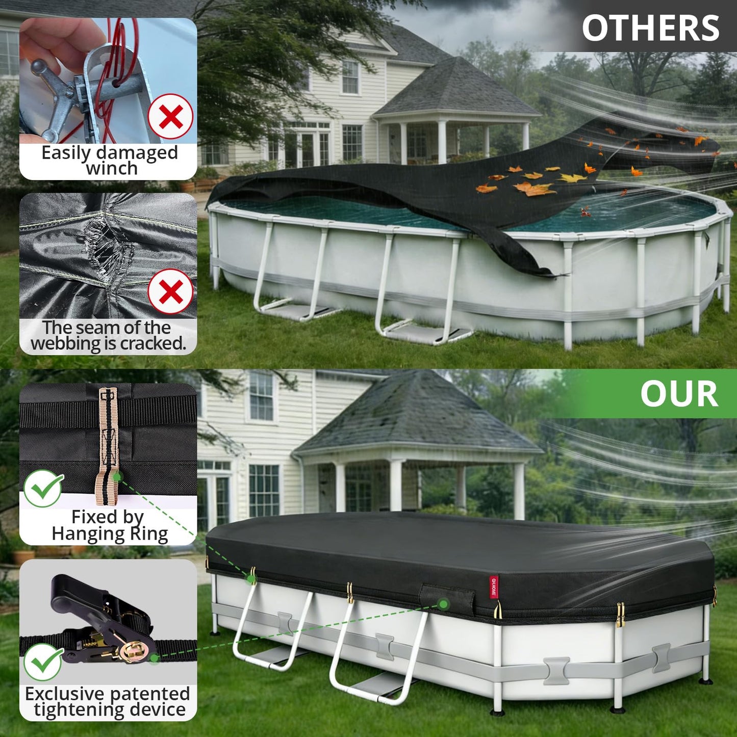QH.HOME 10x16Ft Oval Pool Cover,Super Windproof Ratchet Straps (1,500lb Break Strength)-Effective Installation/Removal,Pool Cover for Above Ground Pools,Snug Fit,Blocks Leaves, Sun & Water