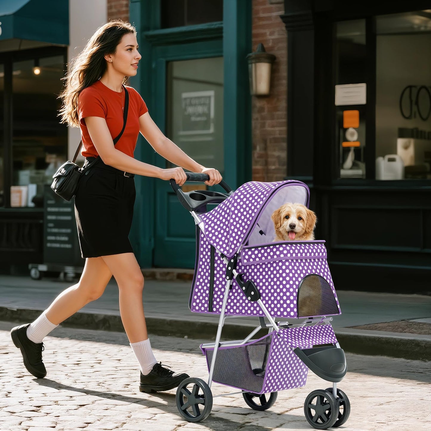 Pet Stroller for Small Dogs 10 lbs, Dog Stroller for Medium Dogs 30 lbs, Cat Strollers for 2 Cats, 3 Wheels Foldable Jogger Puppy Stroller with Storage Basket and Cup Holder, Purple Polka Dots