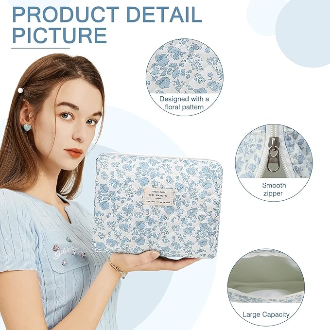 Large Makeup Bag, Cute Cosmetic Bag for Women Girls, Floral Coquette Aesthetic Toiletry Bag, Travel Make Up Organizer Bag(Blue Floral)