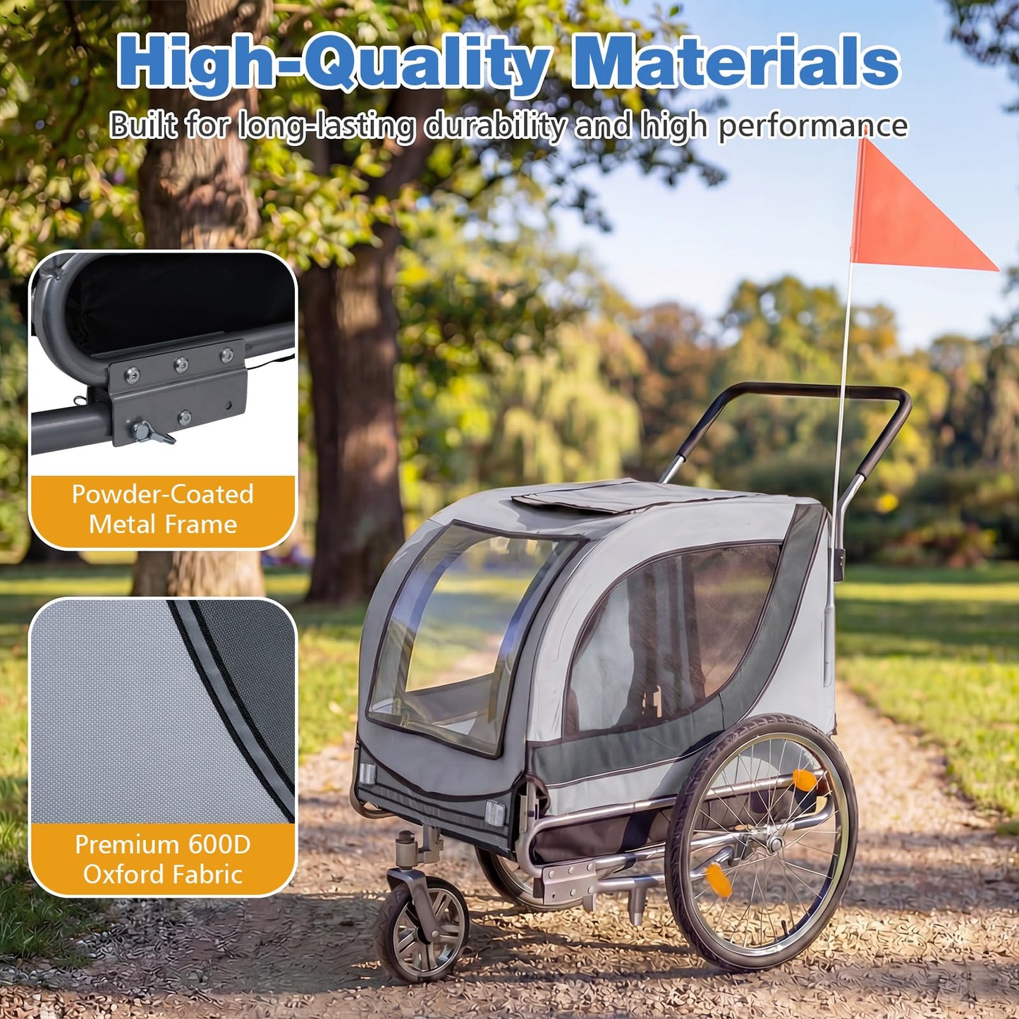 Giantex 2-in-1 Dog Bike Trailer & Pet Stroller for Large Dogs – Foldable Pet Carrier Cart with Front Caster & 2 Air-Filled Tires, Breathable Mesh, PVC Rain Cover, 176 lbs Capacity (Light Gray)