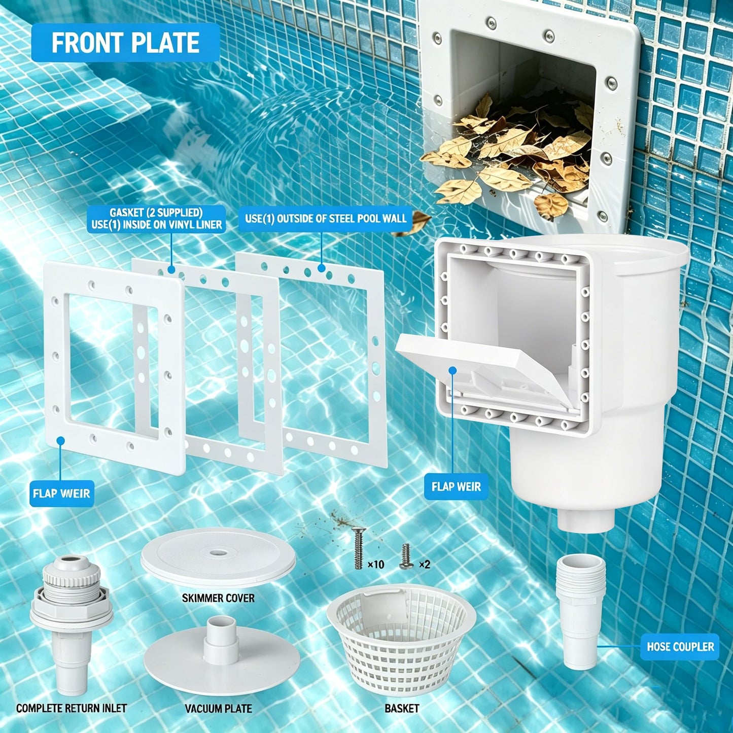 SNMUMU Universal Above Ground Pool Skimmer Kit, Heavy Duty Through Wall Pool Skimmers, Surface Skimmer for Pools for Filter Leaves, Hair, Bugs, and Impurities (Grey)