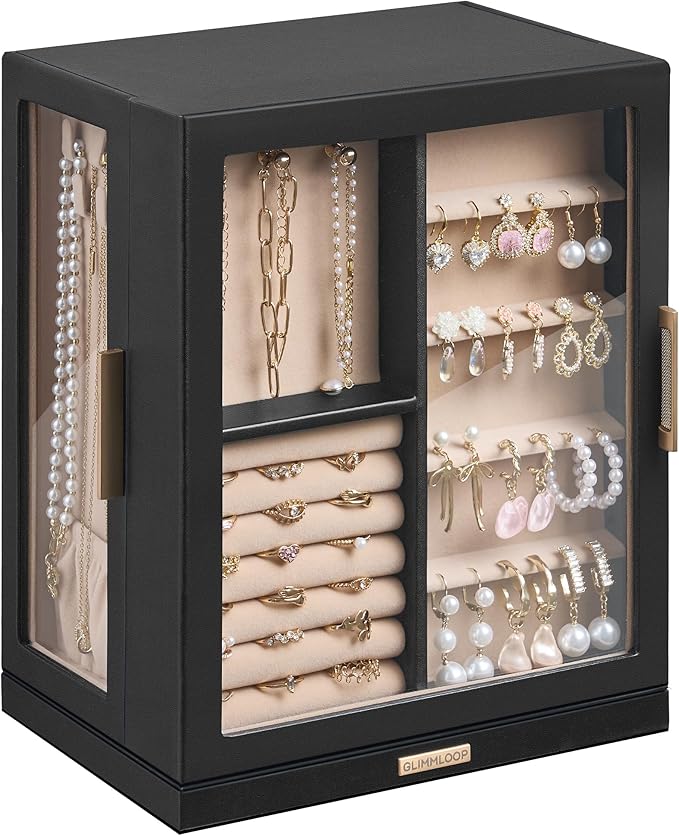 Glimmloop 360ÃÂ° Rotating Jewelry Box with 5 Drawers, Spacious Vertical Jewelry Organizer with Glass Window, Jewelry Storage Case, Dustproof & Moisture-resistant Design, Black