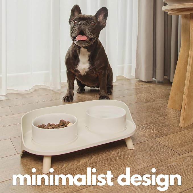 A4DOG Ceramic Dog Bowls with Stand - Elevated Dog Water and Food Bowl Set 13.5oz Cat & Dog Feeding Station Spill Proof Splash Proof Raised Pet Food Bowls for Dogs, No Mess Pet Feeder - Beige