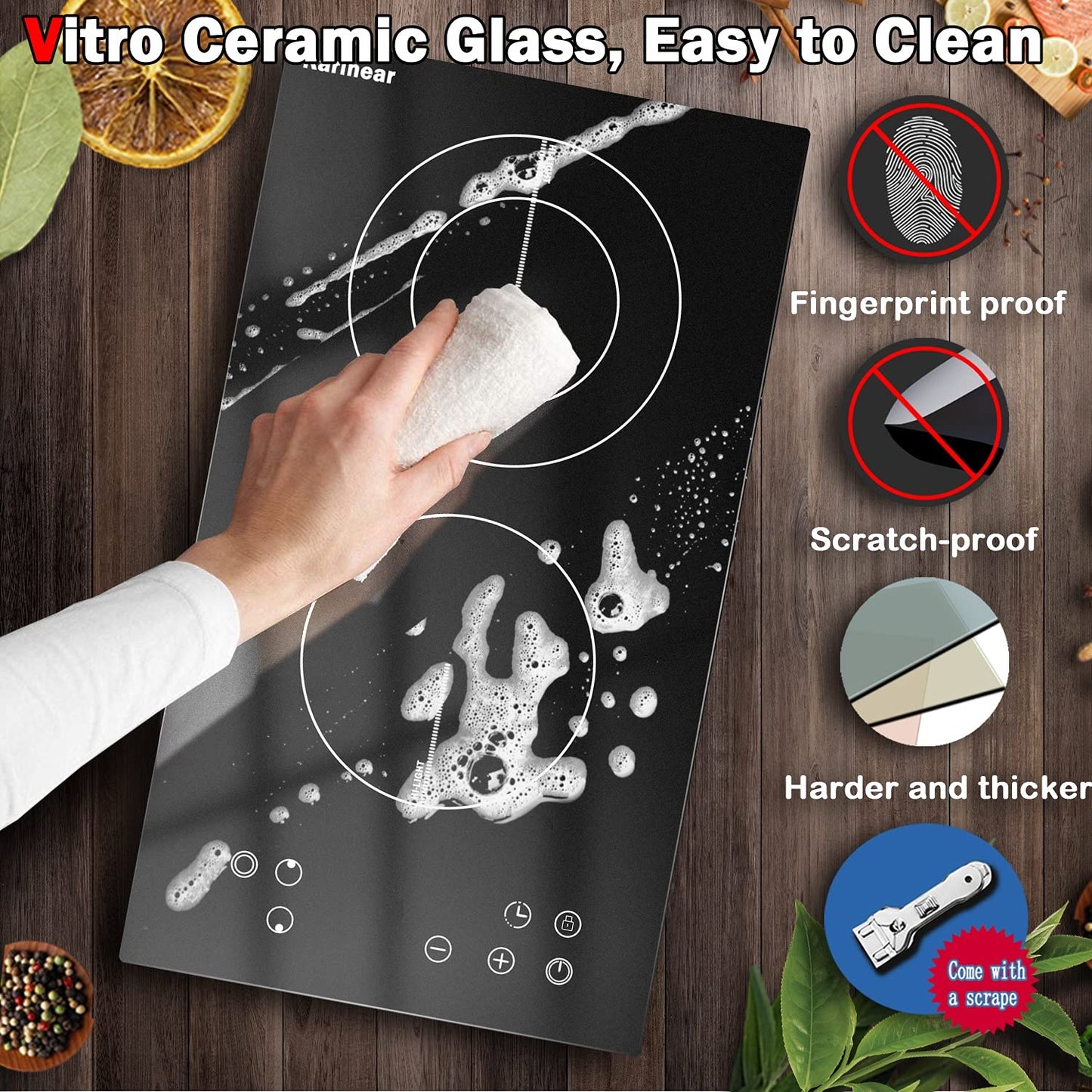 Karinear 2 Burner Electric Cooktop 12 Inch, Drop-in Radiant Cooktop 220v - 240v with Child Safety Lock, Timer, Residual Heat Indicator, 3200W, Hard Wired, No Plug Electric Stove Top