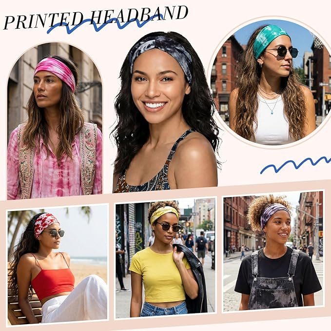obeoby Tie Dye Headbands, 8Pcs Boho Hairbands Hippie Gifts for Women Fashion Workout Headbands for Yoga Work Athletes Running Enthusiasts