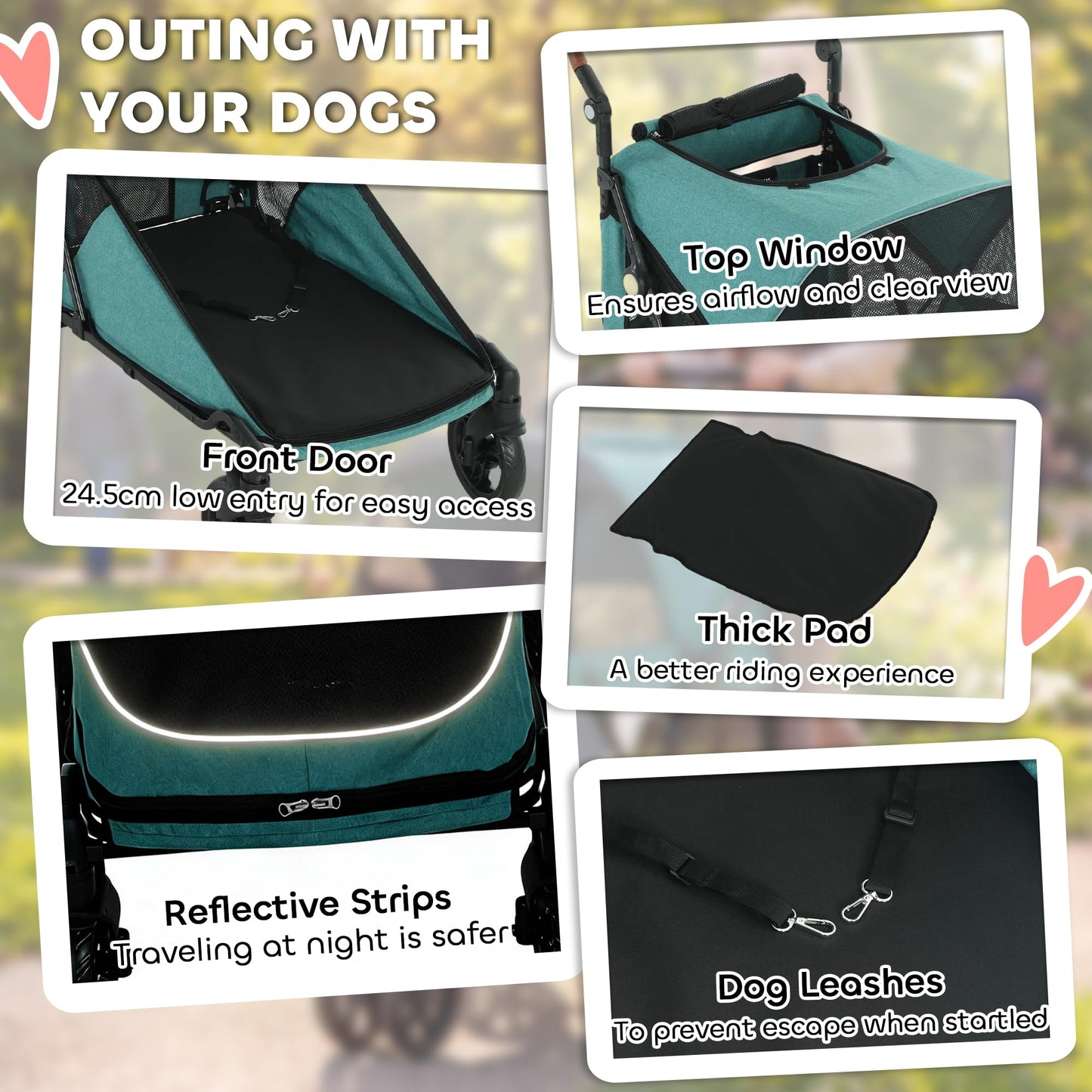 PawHut Dog Stroller for Large Dogs, One-Click Folding 4 Wheel Large Pet Stroller Wagon for Multiple Pets, All Terrain Spring Suspension w/ 8-Position Adjustable Handle, Mesh Window, Up to 66 LBS, Teal