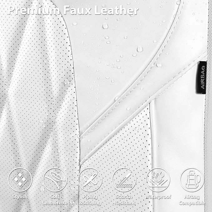 CAR PASS Nappa Leather High Back Front Seat Covers, Tesla Model 3 Model Y Breathable Faux Leather Front Bucket Seat Covers, Anti-Slip Airbag Compatible Universal Fit for Sedan SUV Van Truck, White