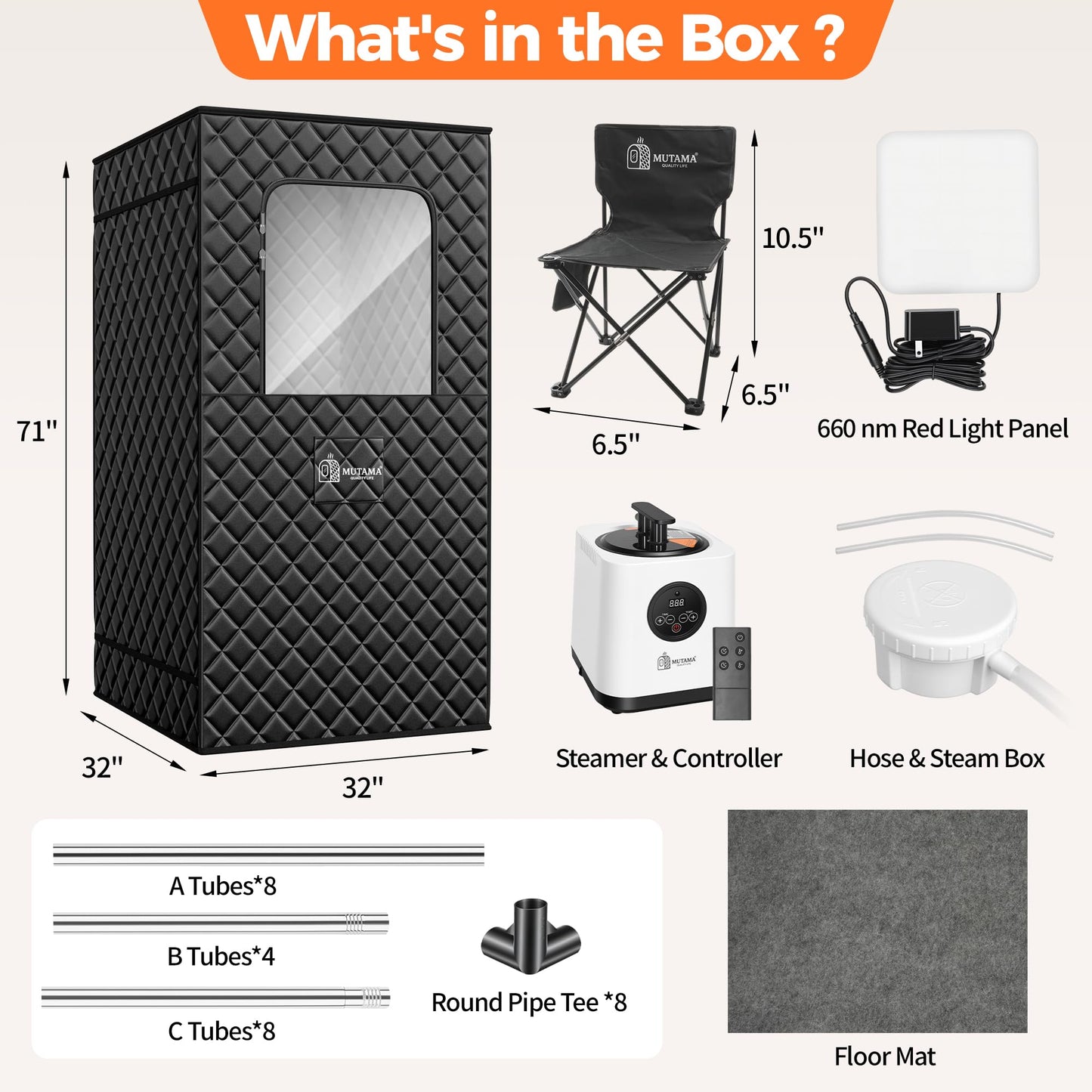 MUTAMA Sauna Box, 3L Portable Steam Sauna Tent for Home & Indoor Use, 1400w Personal Sauna Pod, Remote Control, Folding Chair, 15 Levels, 99-Min Timer,32" x 32" x 71"
