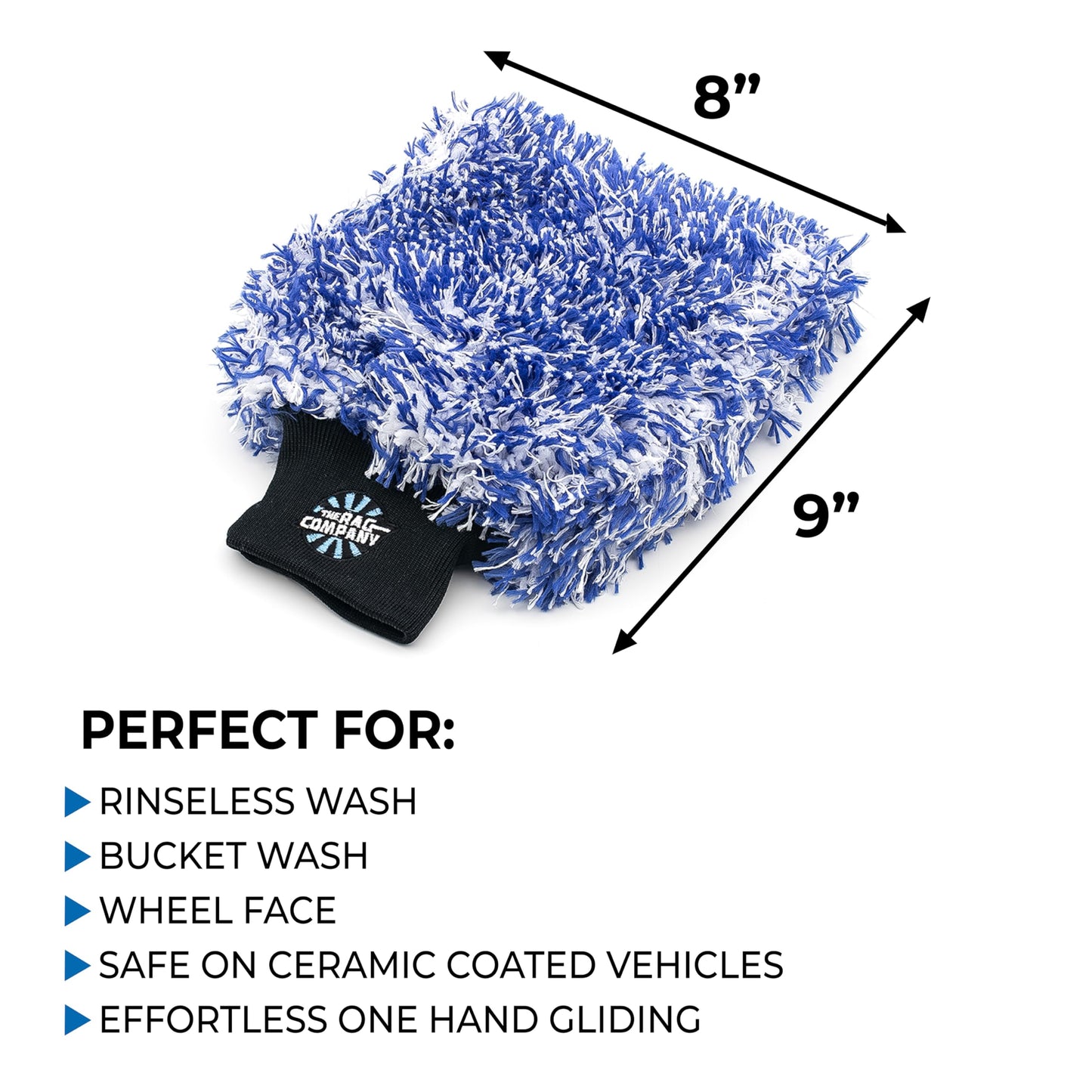 The Rag Company - The Cyclone Ultra Wash Mitts - 70/30 'Gauntlet' Blend Korean Microfiber, Foam Padding, Scratch-Free, Lint-Free, Great for Rinseless Washing, 8in x 9in, Blue + Black (2-Pack)