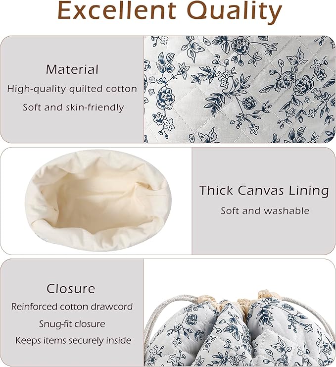 Cotton Quilted Drawstring Makeup Bag with Canvas Lining,Coquette Aesthetic Cute Travel Toiletry Bag,Drawstring Gift Bag for Women and Girls（16Dark Blue）