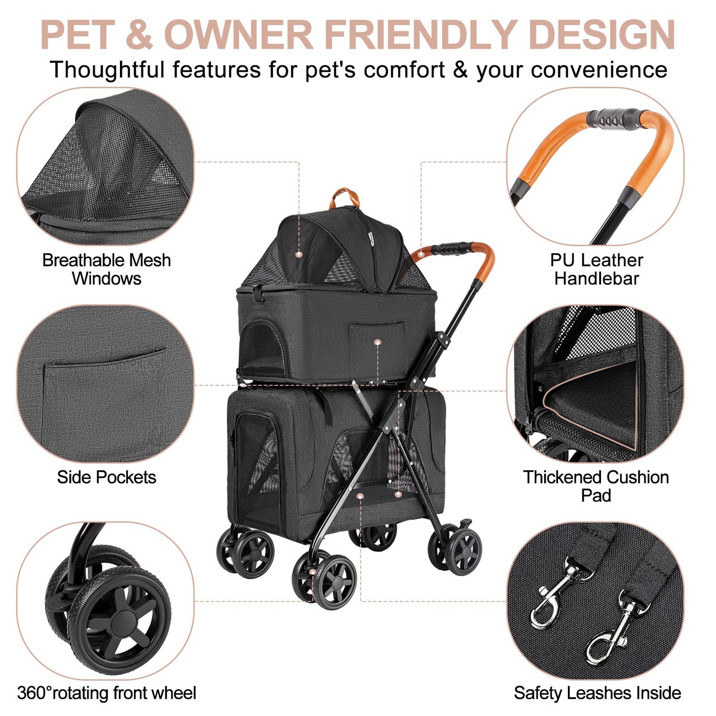LPOTIUS Double Pet Stroller with Detachable Carrier for Medium Small Dogs and Cats, Lightweight Dog Stroller Travel Carriage with No-Zip Canopy Storage Basket One-Click Folding and One-Foot Brake