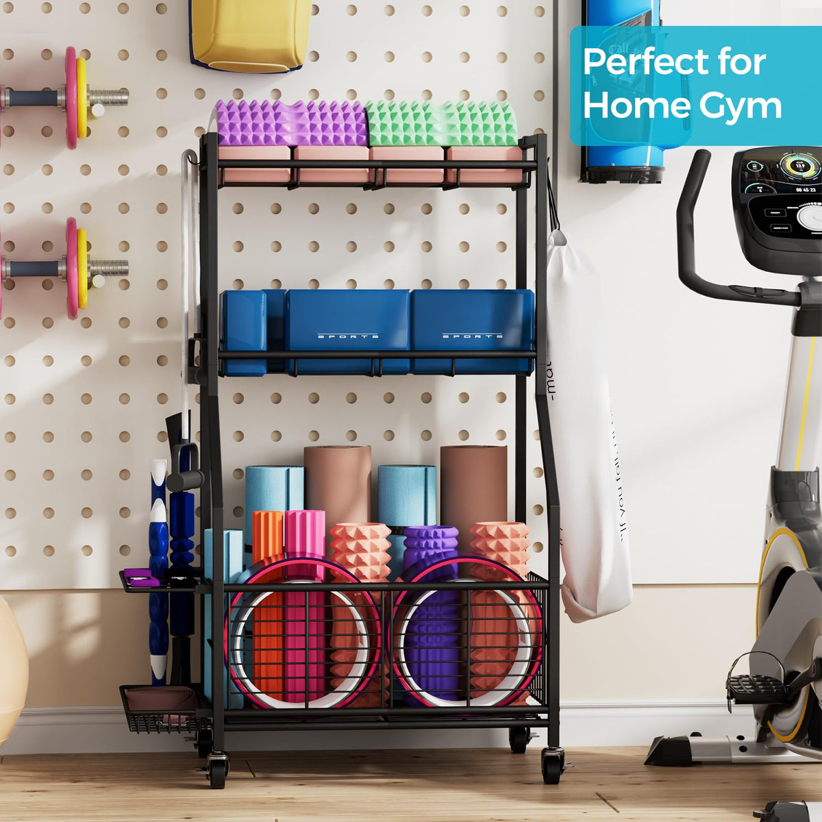 Cerlyunzan Sports Equipment & Toy Storage Rack with Wheels, 3-Tier Ball Organizer for Balls, Rackets & Sports Gear, Large Capacity with Racket Slots & Hooks, for Garage, Home Gym or Backyard – 23" W