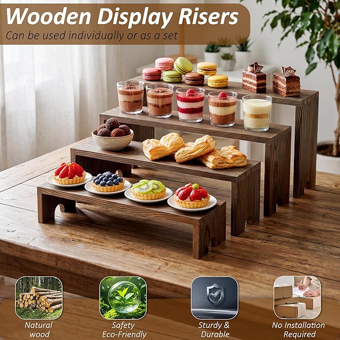 2 Set Wooden Cupcake Stand for Decor, 4 Tiered Stackable Display Risers, Farmhouse Decor Wood Dessert Table Display Set for Party, Vendor Events, Dark Brown