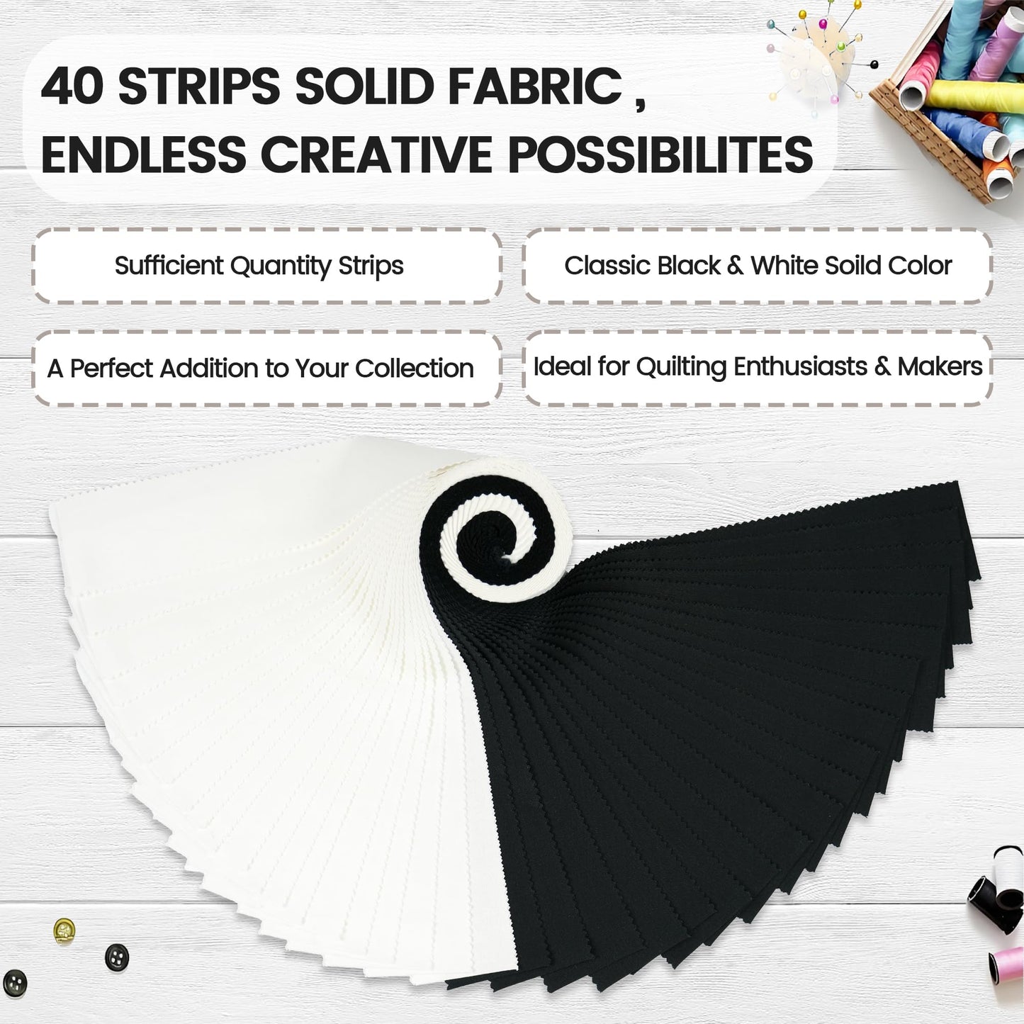 Craftido-18 Options-100% Cotton Jelly Roll Fabric Precut Strips for Quilting, Crafting, and Sewing, 40 Strips 2.5" x 44" Assorted Bundles for Rugs, Quilts, DIY Crafts and Home Decor-20 White+20 Black