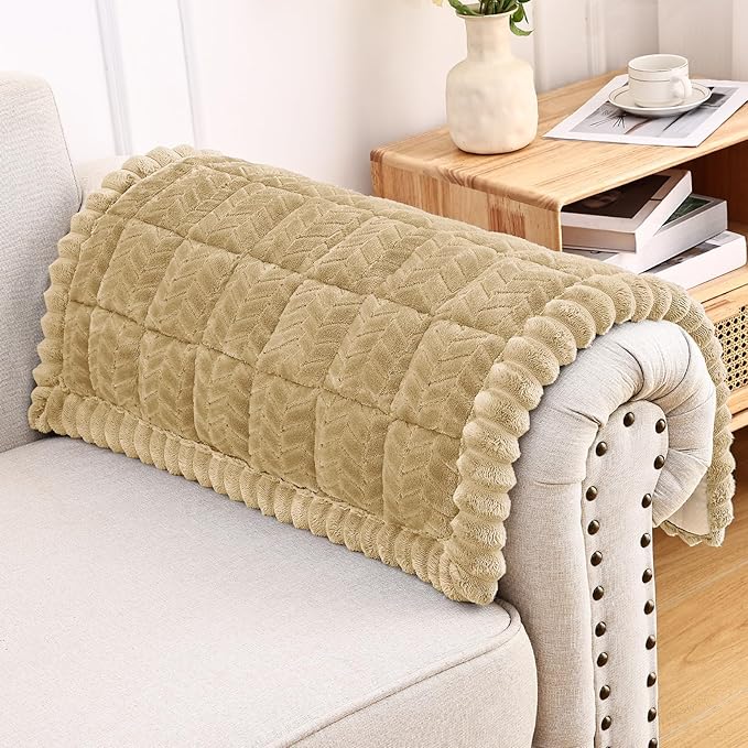 Smiry Non Slip Couch Armrest Covers for Dogs, Fuzzy Pet Couch Arm Covers for Sofa Pet Friendly, Soft Sofa Slipcovers Recliner Chair Arm Protector Washable (Khaki, 27.6" x 27.6")