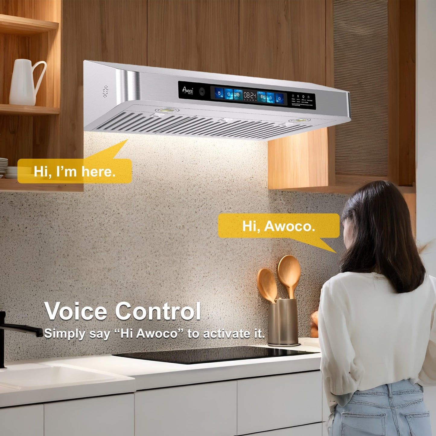 Awoco 30" Under Cabinet Range Hood Smart Controls with Voice, Gesture, Touch & Remote Controls, 900 CFM Kitchen Hood with 4-Speed, Stainless Steel Stove Hood with LED Lights, Baffle Filters