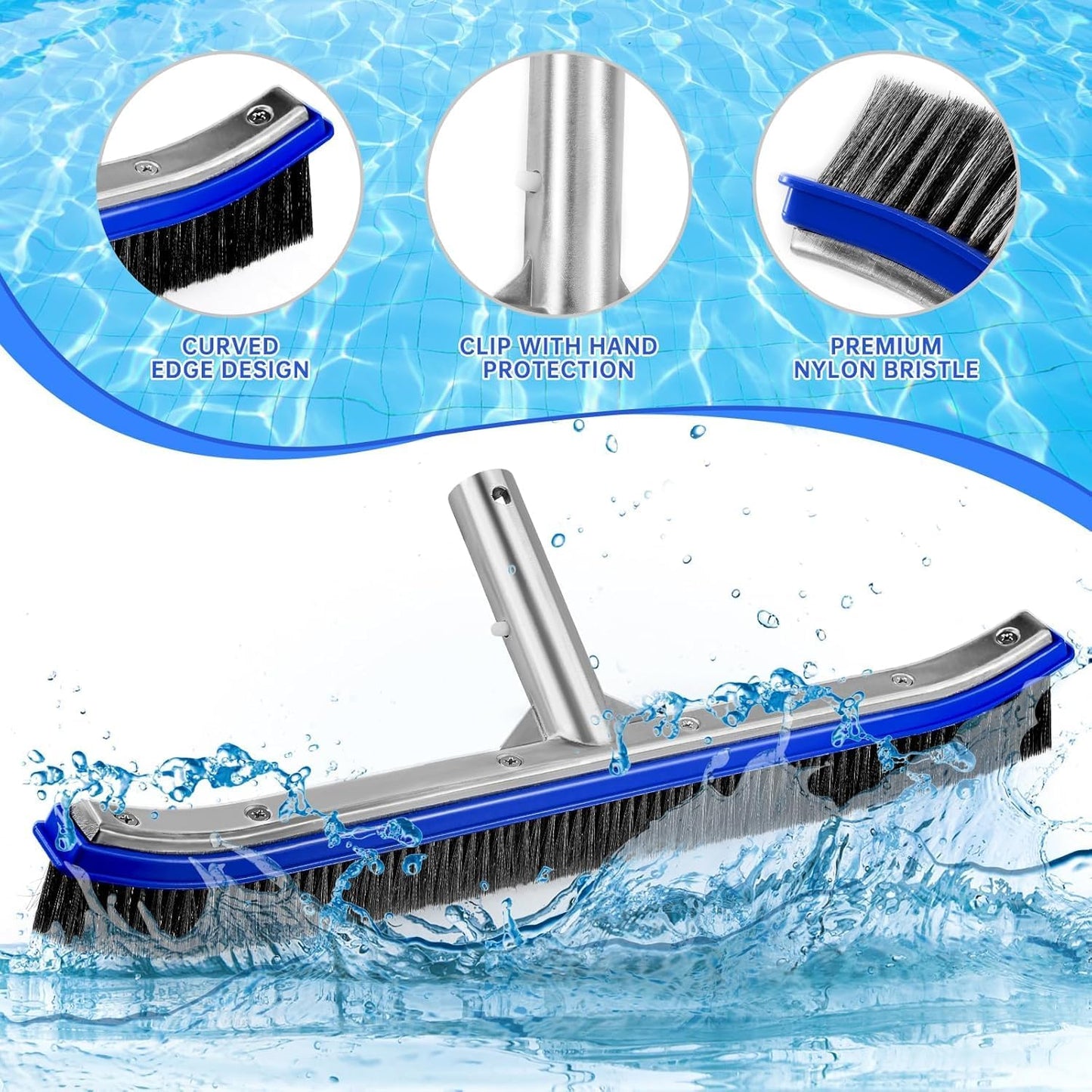 Pool Brush Head | 18" Heavy Duty Floor Brush | Stainless Steel Brush | Metal Pool Scrubber Brush | Wire Bristles & Aluminium Back for Sweep Calcium Buildup, Rust Stains on Concrete