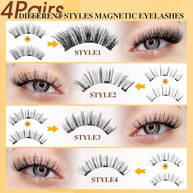QUEWEL Magnetic Eyelashes 4 Pair Reusable Magnetic Eyelashes with Applicator No Glue Needed Eyelashes Natural Look Lash Clusters Kit Easy to Wear and Remove(4 Pairs-B08)
