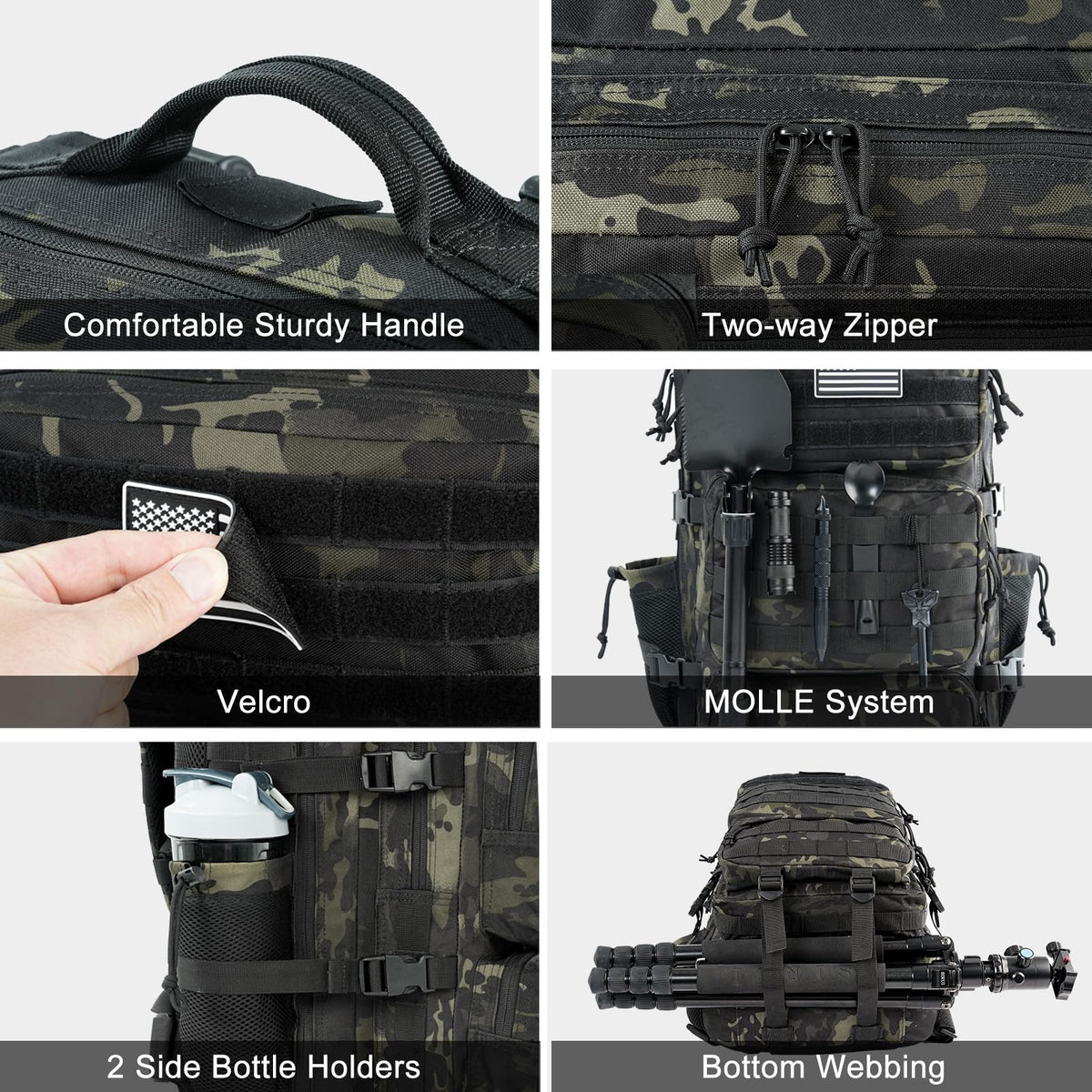 kookoomia Military Tactical Backpack 25L Day Backpack for Men Molle Army 3 Days Assault Pack Bug Out Bag Water Resistant and Heavy Duty Hiking Treeking Rucksack - Black Camo
