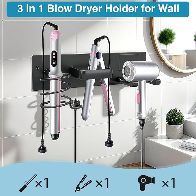 Blow Dryer Holder Wall Mount, 3 in 1 Bathroom Hair Tool Organizer with Curling Iron Holder & Flat Iron Holder, Universal Hair Dryer Holder Rack Storage Matte Black