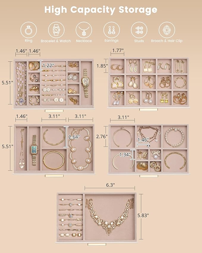 Lolalet Jewelry Box Organizer, 5-Layer Jewelry Organizers and Storage Case with Glass Lid, Ring Earring Bracelet Necklace Holder Organizer, Birthday Valentine Gifts for Women Girls -5Layer, Beige