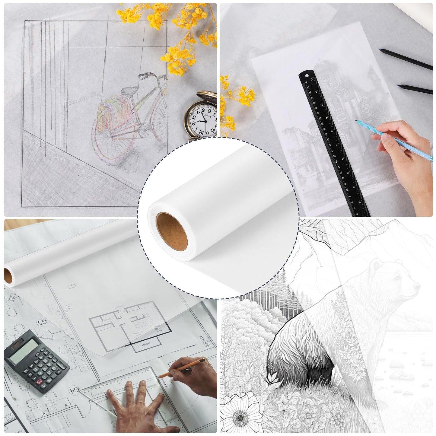 Tracing Paper Roll 24in x 30yd, White Trace Paper Pattern Paper Translucent Tracing Paper for Sewing, Drawing, Sketching, Gift Wrapping