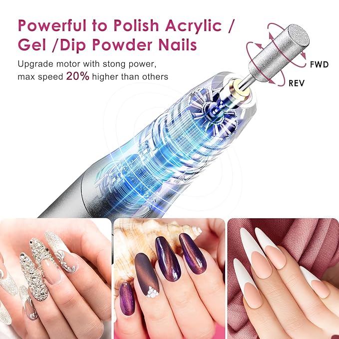 COSLUS C20 Cordless Nail Drill Electric File: Professional for Acrylic Gel Dip Powder Nails Portable Nail Drill Machine Kit for Manicure Pedicure Nail Set with Everything Rechargeable Lightweight