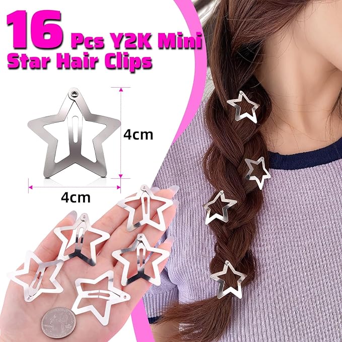 16 PCS Silver Star Hair Clips, 1.57 Inch Y2K Accessories Snap Hair Clips, Non-Slip Small Star Barrettes Accessories for Girls Women, Mini Metal Fashion Cool Ornament Set for Rave Decor