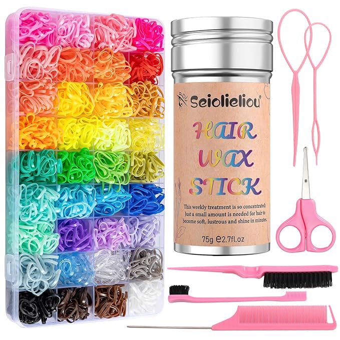 Hair Styling Kit with Hair Wax Stick, 2100 Pcs 36 Colors Hair Elastics, 1 Pink Scissors, 5 Pcs Styling Comb & Hair Tool Set, Transparent Storage Box