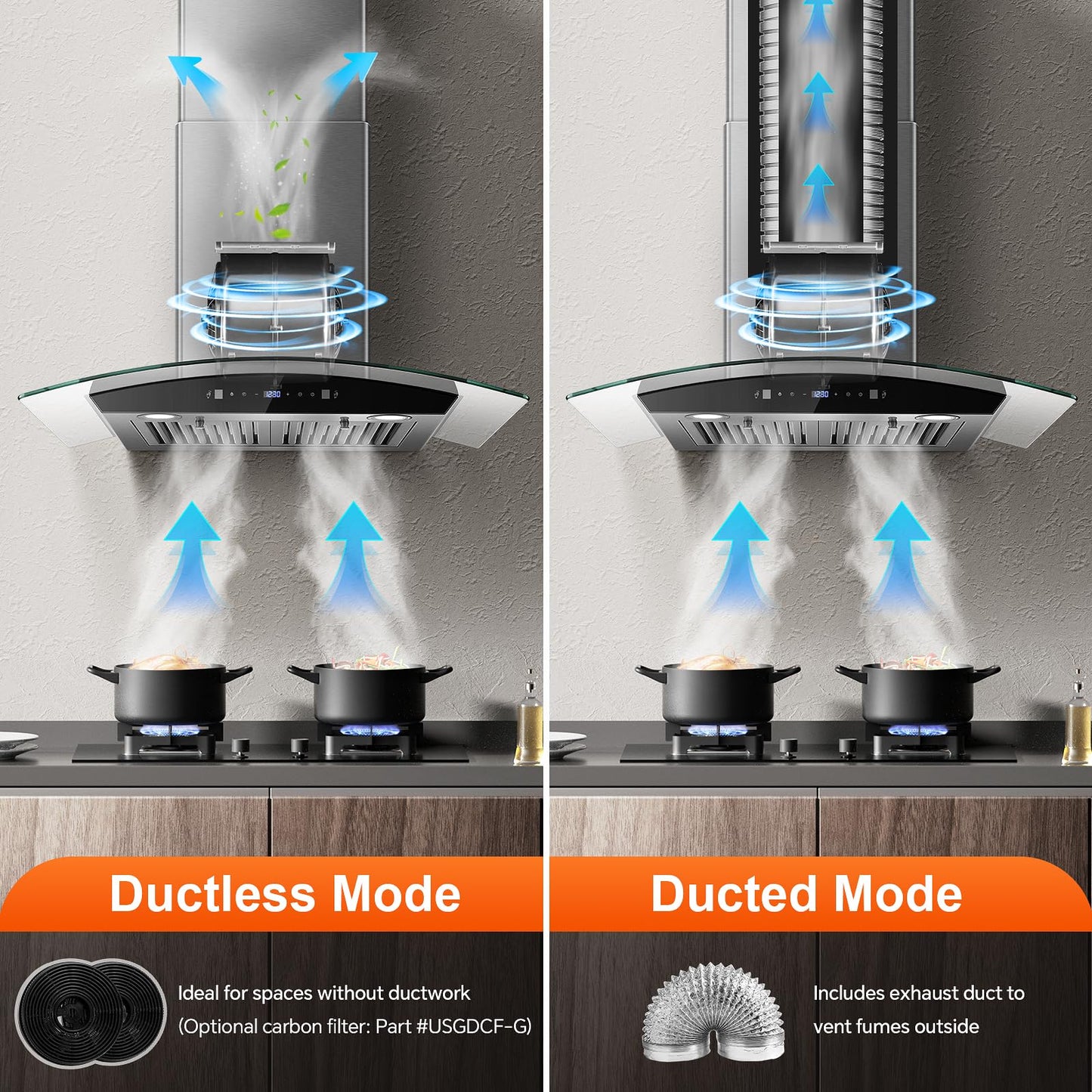 Range Hood 30 Inch, Tieasy Wall Mount Kitchen Hood with Ducted/Ductless Convertible Duct, Stainless Steel Chimney and Baffle Filters, Touch Control Fan Timer, LED Lights, 3 Speed Fan