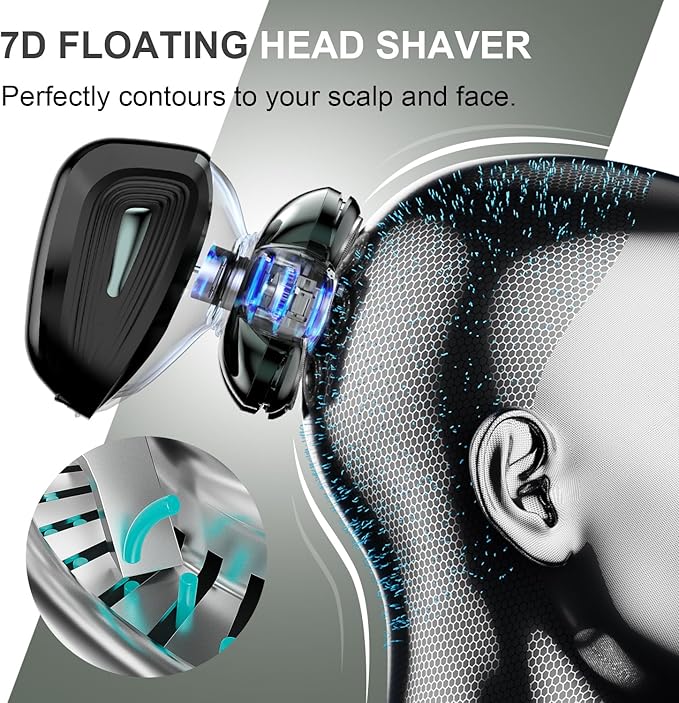 Cyruzi Head Shavers for Bald Men: 7D Floating Electric Razor with Magnetic Removable Head, IPX7 Waterproof Wet or Dry Shaver, LED Display & Type-C Fast Charging