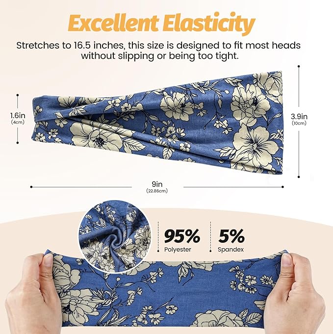 Headbands for Women - 6 Pack Wide Elastic Hair Bands | Stretchy Sweatbands Hair Bands | Soft Sports Thin Head Bands | Non-Slip Accessories Bands for Fashion, Washing Face, Workouts, Yoga, Daily Use