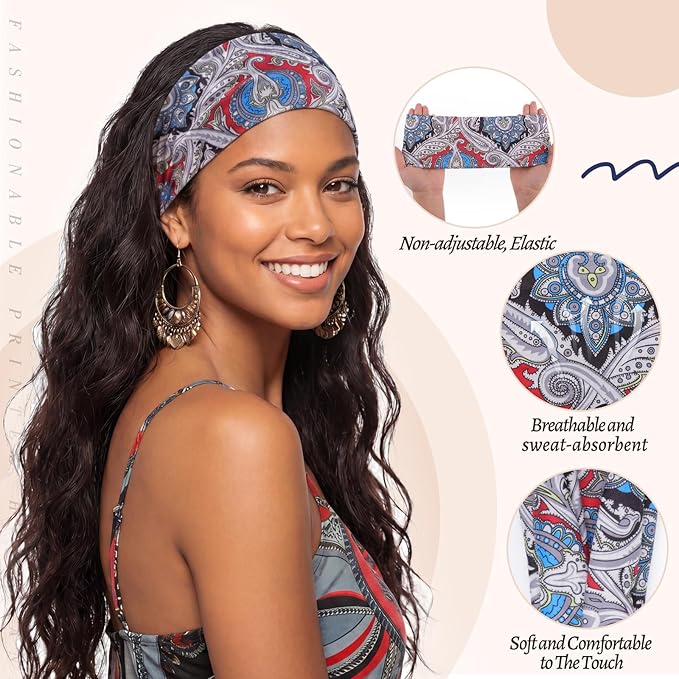 obeoby Sweat-Absorbing Hair Bands, 8 Pack Boho Headbands for Short or Long Hair - Stretchy Great for Yoga, Running, Workout,Hiking Gifts for Women