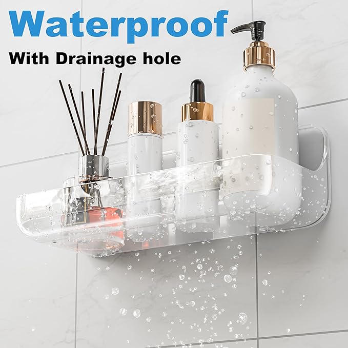 Adhesive Shower Caddy, 2 Pack Acrylic Bathroom Shelves, No Drill Wall Mount Organizer Storage Shelf