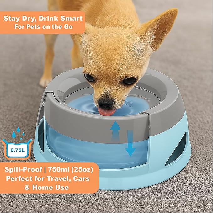 Pets No-Spill Slobber Stopper Water Bowl,Splash Proof Drinking Bowl for Home and Travel,No Messy No Drip No Sloppy Water Bowl for Sm-Med Dogs/Cats/Pets 25OZ