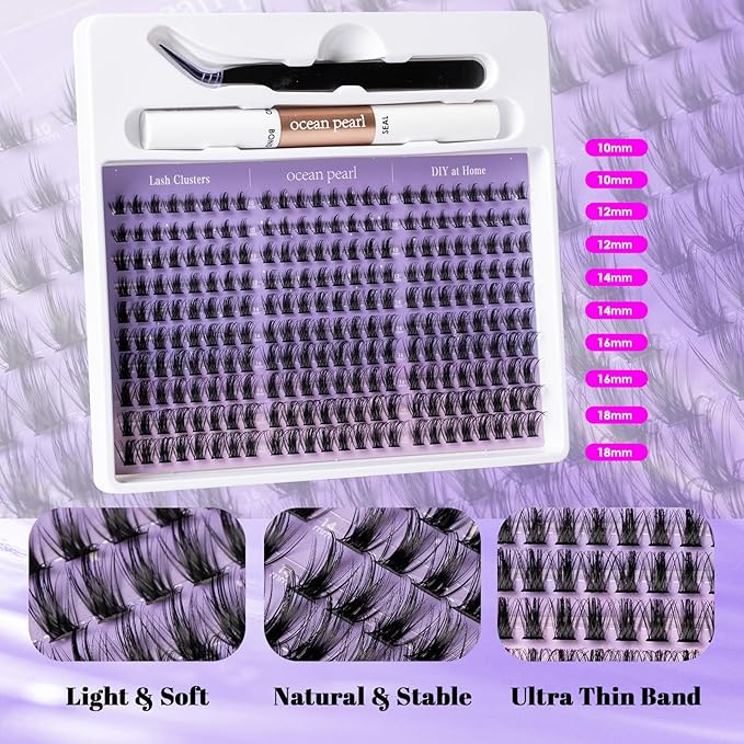 Ocean Pearl Lash Clusters Kit 240pcs,Eyelashes,spike-effect cluster lashes,10-18mm manga/anime-inspired lashes clusters,eyelash clusters,DIY Cluster Eyelash Extensions with lash bond+seal+tweezers-M33