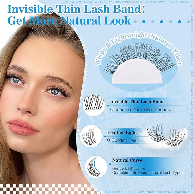 Wispy Lash Clusters Invisible Ultra-Thin Band Natural Eyelash Clusters 8-16mm Soft Cluster Eyelash Extensions Mix Length Ultra-Light Natural Look Natural Lash Clusters DIY Lash At Home(Wispy01)