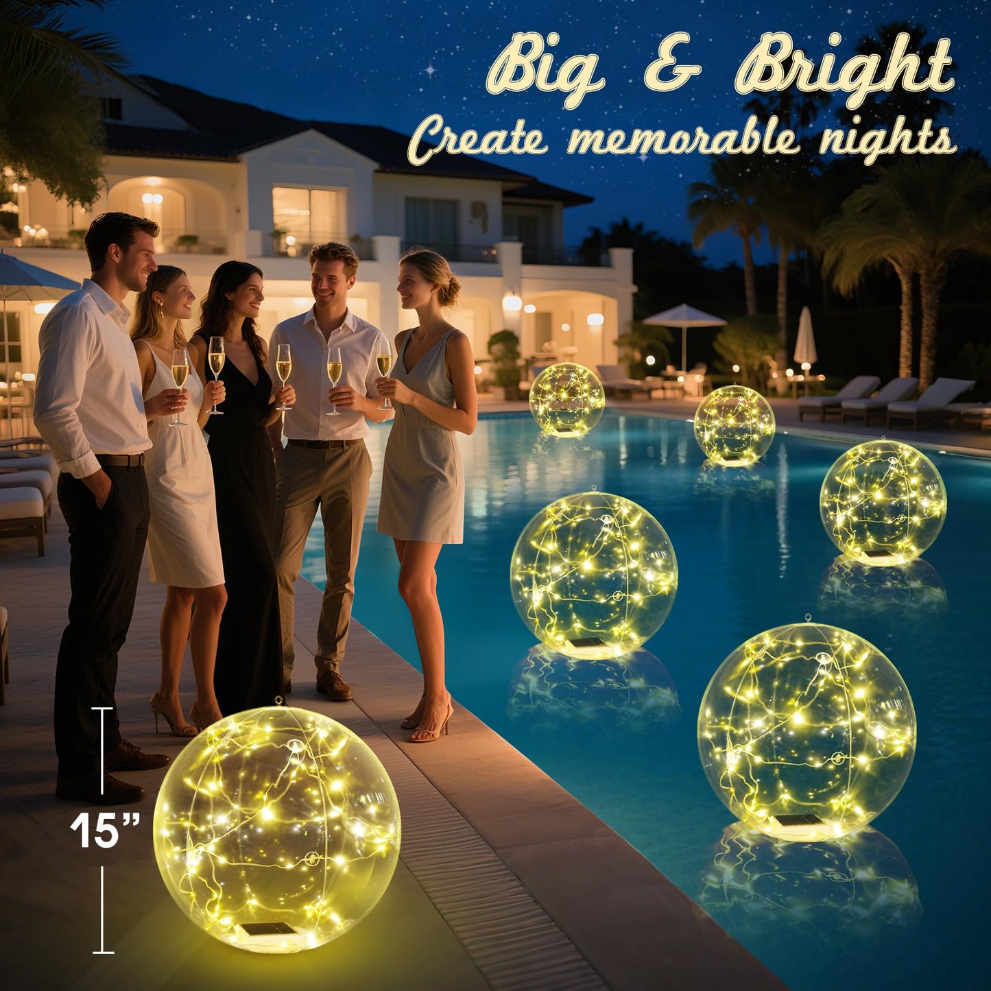 Askyli Solar Floating Pool Lights, 15 inch Waterproof Solar Pool Light that Float, Warm White LED Light up Pool Balls, Auto ON/Off Pool Solar Lights for Pools Party Wedding Pool Decor (4Piece)