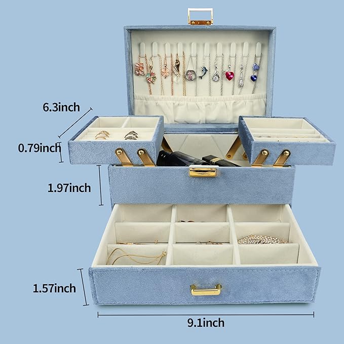 Dajasan Jewelry Organizer Box, Large Jewelry Boxes for Women Girls, Space-Saving 3 Layers Jewelry Storage Case with Drawer, Gift Idea for Christmas, Valentine's Day, Birthday, Mother's Day (Blue)