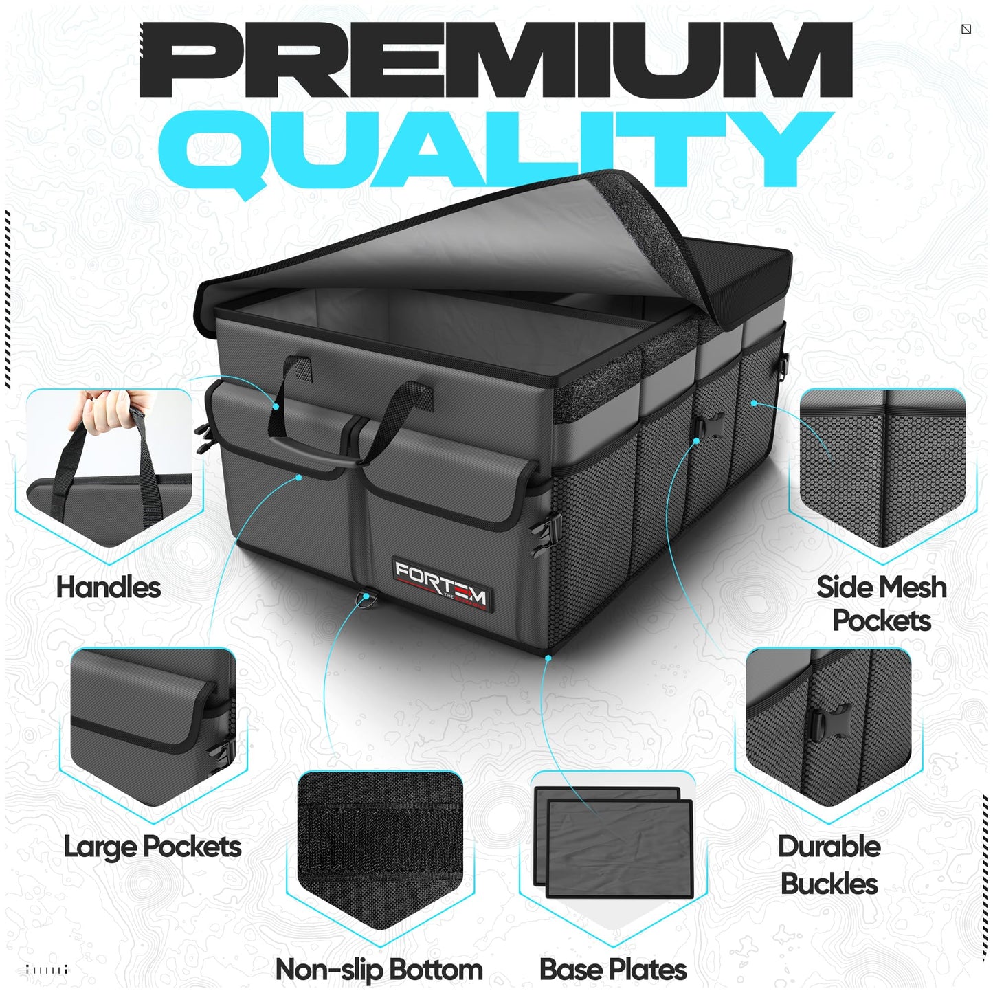 FORTEM Trunk Organizer For SUV Car Trunk Organizer, Foldable Storage, Car Accessories for Women Men, Collapsible Bag, Perfect Christmas Gifts, 600D Oxford, Non Slip Bottom, Straps, Soft Cover (50L)