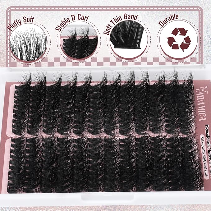 Yawamica Fluffier Lash Clusters Premade Cluster Eyelash Extensions Wispy Cat Eye Lash Clusters 200D Volume 9-18mm Individual Lashes Left Right Cluster Lashes 240pcs DIY Lash Extension by Self