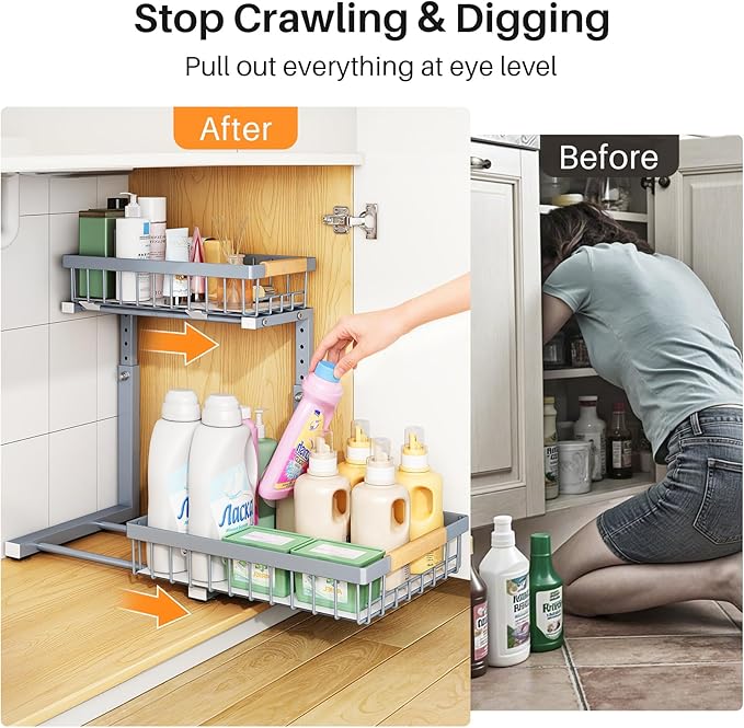 PXRACK Under Sink Organizer, Adjustable Height, 2 Tier Pull Out Under Cabinet Organizer, Slide Out Thickened Metal Under Sink Storage for Kitchen Bathroom Laundry Pantry Cabinet, Grey, Large-2-Pack