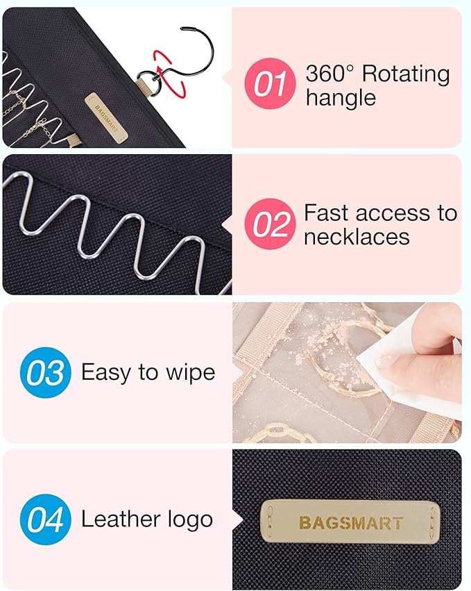 BAGSMART Hanging Jewelry Organizer Storage Roll with Hanger Metal Hooks Double-Sided Jewelry Holder for Earrings, Necklaces, Rings on Closet, Wall, Door, 1 piece, Large, Black